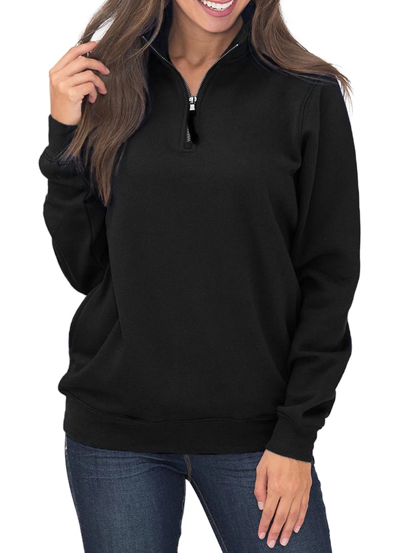 Samefar Women Winter Sweatshirt Tunics High Neck Long Sleeve Solid Basic 1/4 Zip Fleece Pullover Tops Black X-Large - Image 1